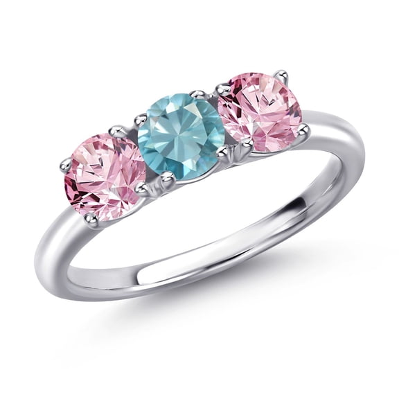 Gem Stone King 925 Sterling Silver Blue Zircon and Pink Lab Grown Diamond Engagement Ring for Women | 1.85 Cttw | Round 5MM | Gemstone Birthstone | Size 9