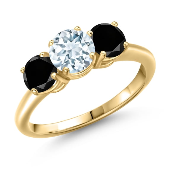 Gem Stone King 18K Yellow Gold Plated Silver Sky Blue Aquamarine and Black Diamond Engagement Ring for Women | 1.85 Cttw | Round 6MM | Gemstone March Birthstone | Size 5