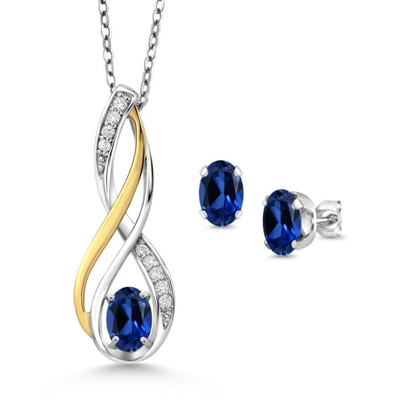 Gem Stone King 1.86 Ct Blue Created Sapphire E-F Lab Grown Diamond 925 Silver and 10K Yellow Gold Pendant and Earrings Jewelry Set