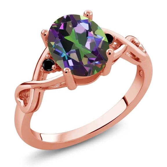 Gem Stone King 1.86 Ct Oval Green Mystic Topaz Black Diamond 18K Rose Gold Plated Silver Ring (Size 6)