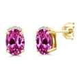 thumbnail image 1 of Gem Stone King 1.86 Ct Pink Created Sapphire E-F Lab Grown Diamond 18K Yellow Gold Plated Silver Earrings, 1 of 4
