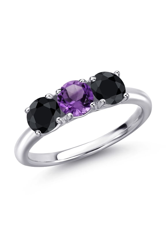 925 Sterling Silver Purple Amethyst and Black Sapphire Engagement Ring for Women | 1.86 Cttw | Round 5MM | Gemstone February Birthstone | Size 6