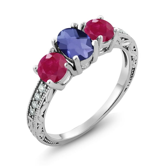 Gem Stone King 1.87 Ct Oval Checkerboard Blue Iolite Red Ruby 925 Sterling Silver Moissanite Ring (Size 8)