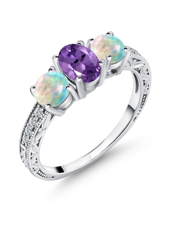 925 Sterling Silver Purple Amethyst and White Simulated Opal Women Ring (1.88 Ct Oval Gemstone Birthstone, Size 9)