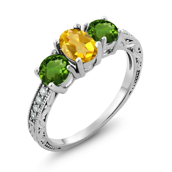Gem Stone King 1.87 Ct Oval Yellow Citrine Green Chrome Diopside 925 Sterling Silver Moissanite Ring (Size 7)