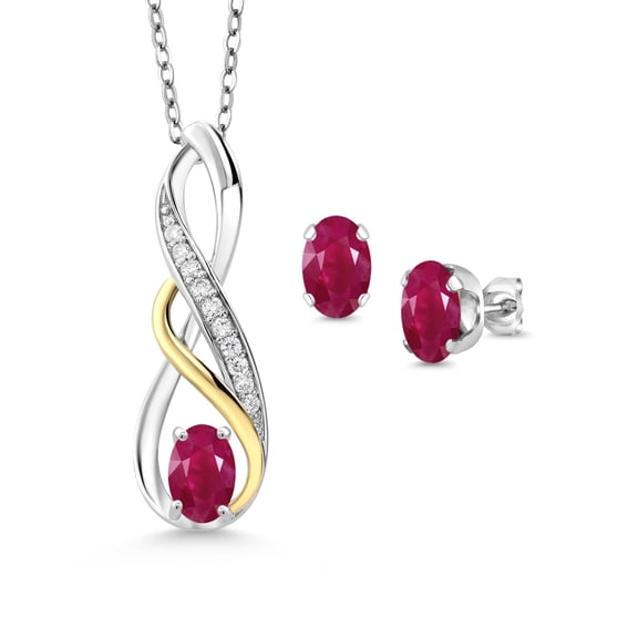 Gem Stone King 1.87 Ct Red Ruby E-F Lab Grown Diamond 925 Silver and 10K Yellow Gold Pendant and Earrings Jewelry Set