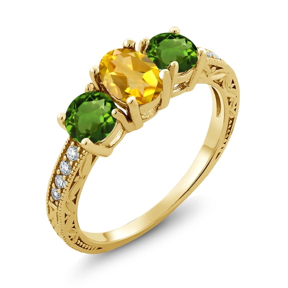 Gem Stone King 1.87 Ct Yellow Citrine Green Chrome Diopside 18K Yellow Gold Plated Silver Moissanite Ring (Size 7)