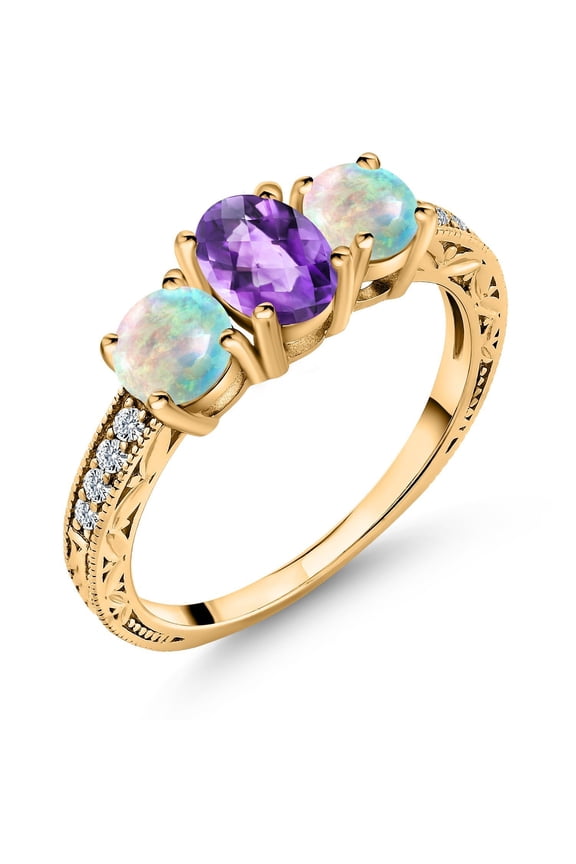1.87 Cttw Oval Checkerboard Purple Amethyst and White Simulated Opal 18K Yellow Gold Plated Silver Ring for Women | Gemstone Birthstone (Size 7)