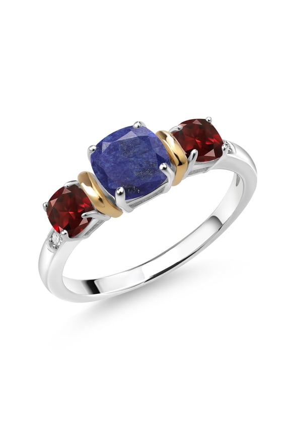 1.88 Ct Cushion Blue Lapis Red Garnet 925 Silver and 10K Yellow Gold Diamond 3-Stone Ring (Size 7)