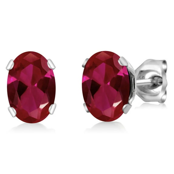 Gem Stone King 1.88 Ct Oval 7x5mm Red Created Ruby 925 Sterling Silver Stud Earrings for Women Men