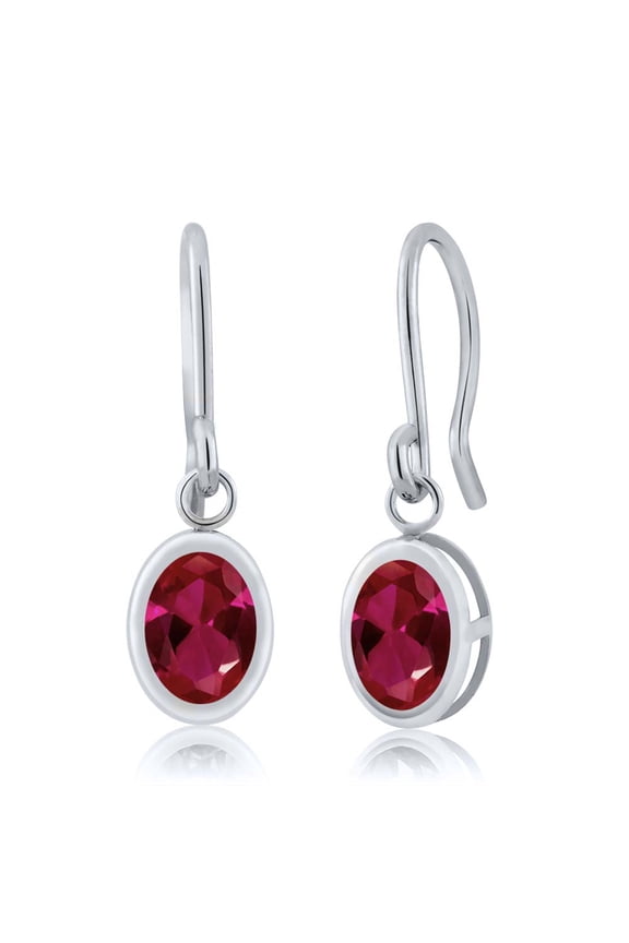 1.88 Ct Oval Red Created Ruby 925 Sterling Silver French Wire Dangling Earrings