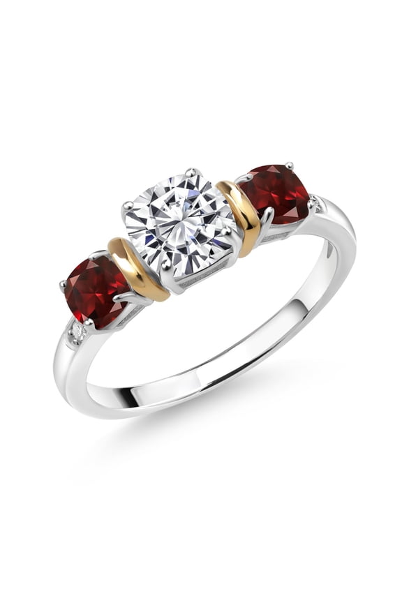 1.88 Cttw 925 Silver & 10K Yellow Gold IGI Certified Lab Grown Diamond and Garnet 3 Stone Ring for Women | 1 Ct Center Cushion Cut Diamond | E-F Color VS1-VS2 Clarity (Size 7)