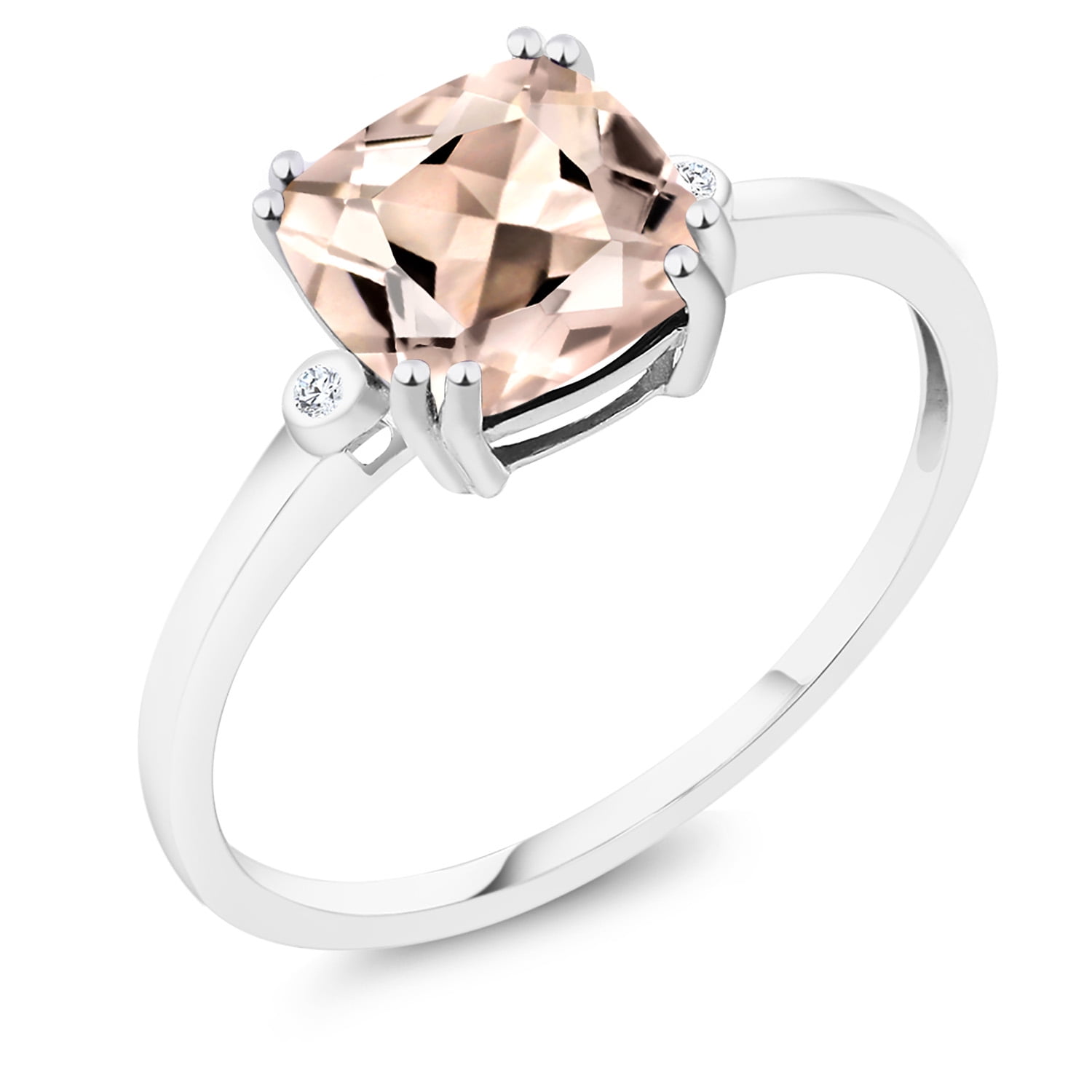 Gem Stone King 1.89 Ct Cushion Peach Morganite White Diamond 10K White Gold Ring