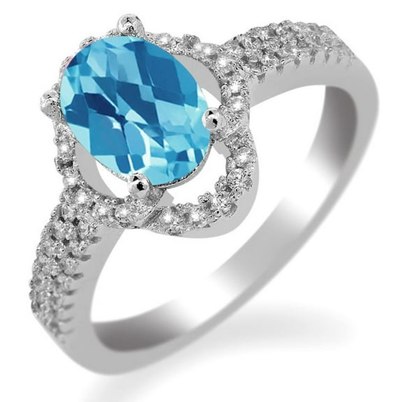 Gem Stone King 1.89 Ct Oval Checkerboard Swiss Blue Topaz 925 Sterling Silver Ring (Size 6)