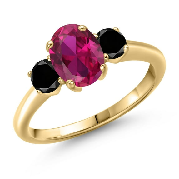 Gem Stone King 1.89 Ct Oval Red Created Ruby Black Diamond 18K Yellow Gold Plated Silver Ring