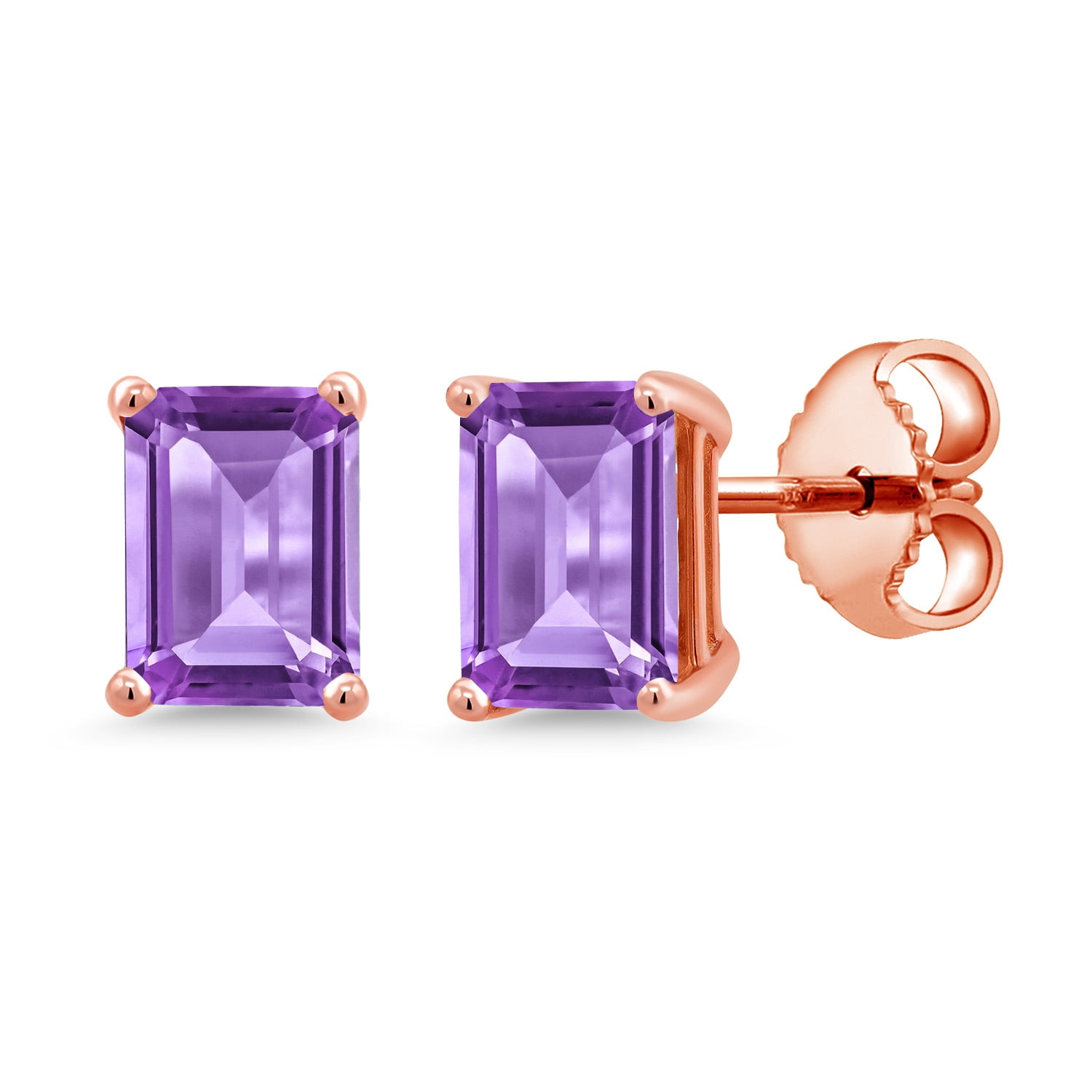 Gem Stone King 1.90 Ct Octagon 7x5mm Purple Amethyst 18K Rose Gold Plated Silver Stud Earrings for Women Men