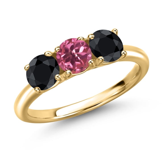 Gem Stone King 18K Yellow Gold Plated Silver Pink Tourmaline and Black Sapphire Engagement Ring for Women | 1.90 Cttw | Round 5MM | Gemstone October Birthstone | Size 7