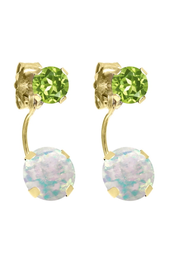 1.20 Ct Round Cabochon White Simulated Opal Green Peridot 14K Yellow Gold Earrings