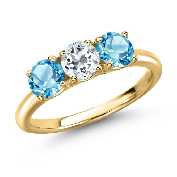 Gem Stone King 18K Yellow Gold Plated Silver White Topaz and Swiss Blue Topaz Engagement Ring for Women | 1.90 Cttw | Round 5MM | Gemstone November Birthstone | Size 8