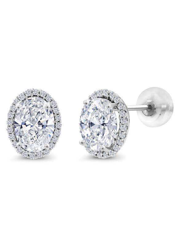 1.90 Cttw 10K White Gold Oval White lab Grown Diamond Halo Stud Earrings | DEF Color | VVS-VS Clarity | Oval 7X5MM | Gold Earrings for Women