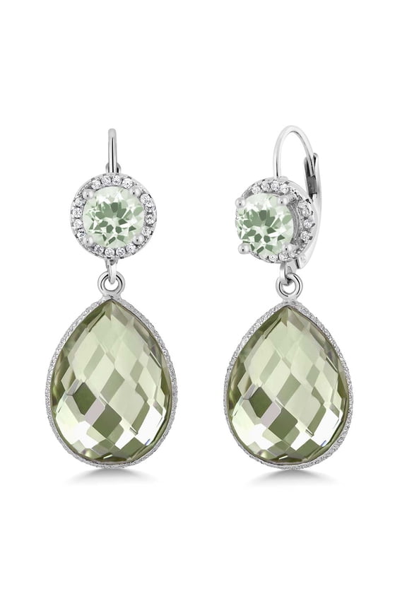 1.90 Cttw Green Prasiolite Dangle Earrings for Women | 925 Sterling Silver | Gemstone Birthstone | Pear Shape 16X12MM | Round 6MM