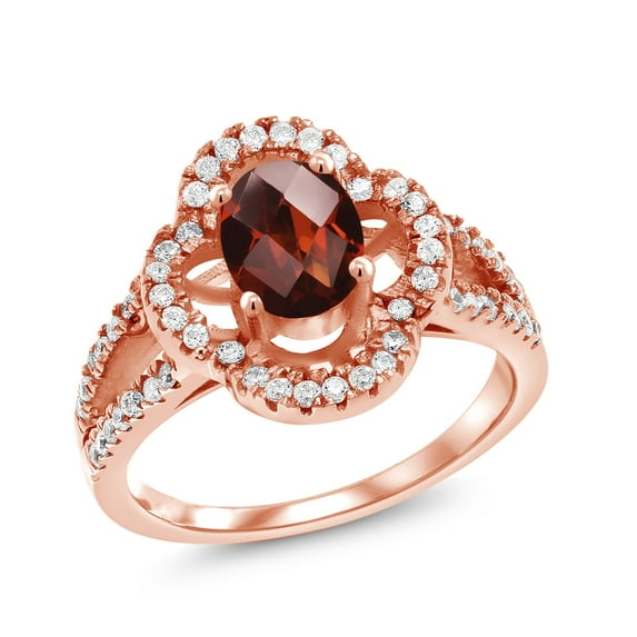 Gem Stone King 1.91 Ct Oval Checkerboard Red Garnet 18K Rose Gold Plated Silver Women's Split Shank Statement Ring (Size 5)