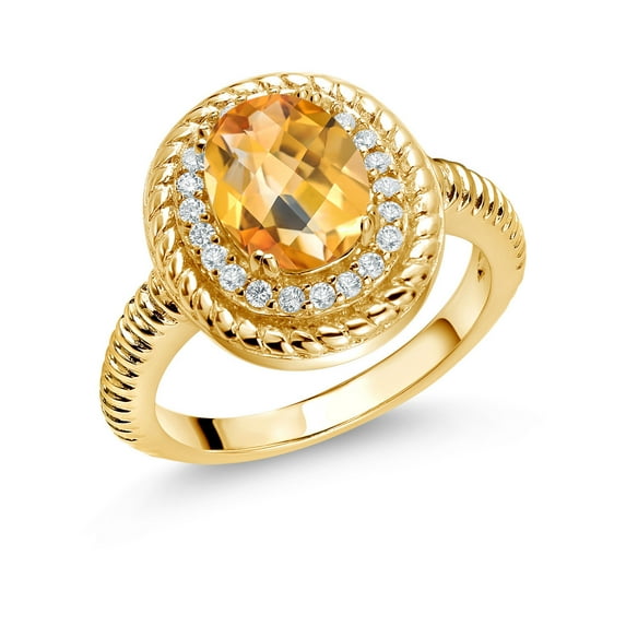 Gem Stone King 1.91 Ct Oval Checkerboard Yellow Citrine 18K Yellow Gold Plated Silver Halo Engagement Ring (Size 8)