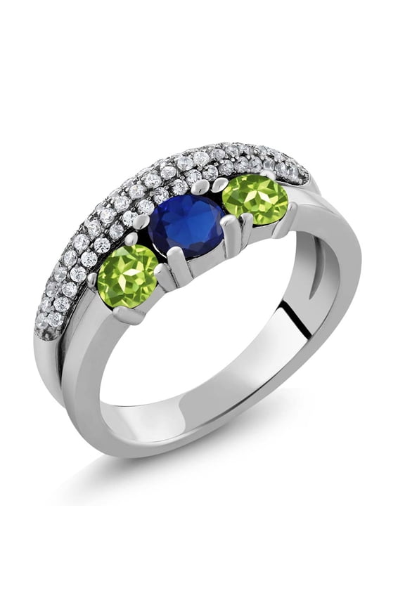 1.91 Ct Round Blue Created Sapphire Green Peridot 925 Sterling Silver Ring (Size 8)