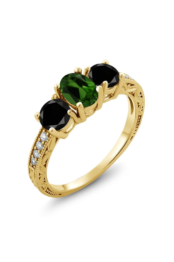 1.92 Ct Green Chrome Diopside Black Diamond 18K Yellow Gold Plated Silver Moissanite Ring (Size 5)