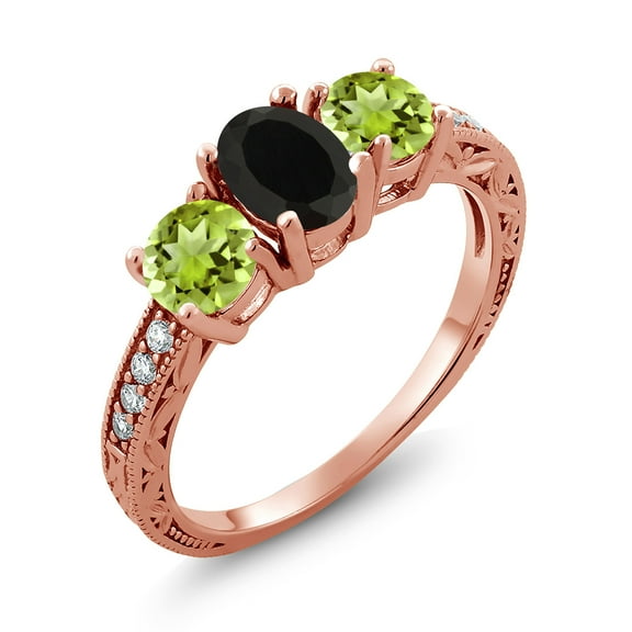 Gem Stone King 1.92 Ct Oval Black Onyx Green Peridot 18K Rose Gold Plated Silver Moissanite Ring (Size 5)
