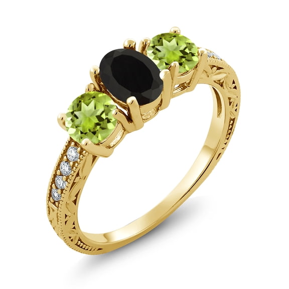 Gem Stone King 1.92 Ct Oval Black Onyx Green Peridot 18K Yellow Gold Plated Silver Moissanite Ring (Size 7)