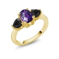 thumbnail image 1 of Gem Stone King 1.92 Ct Oval Checkerboard Purple Amethyst Black Onyx 18K Yellow Gold Plated Silver Ring, 1 of 4