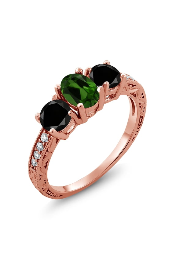 1.92 Ct Oval Green Chrome Diopside Black Diamond 18K Rose Gold Plated Silver Moissanite Ring (Size 6)