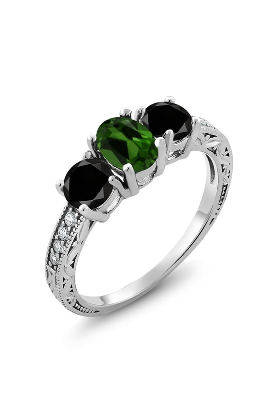 1.92 Ct Oval Green Chrome Diopside Black Diamond 925 Sterling Silver Moissanite Ring (Size 5)