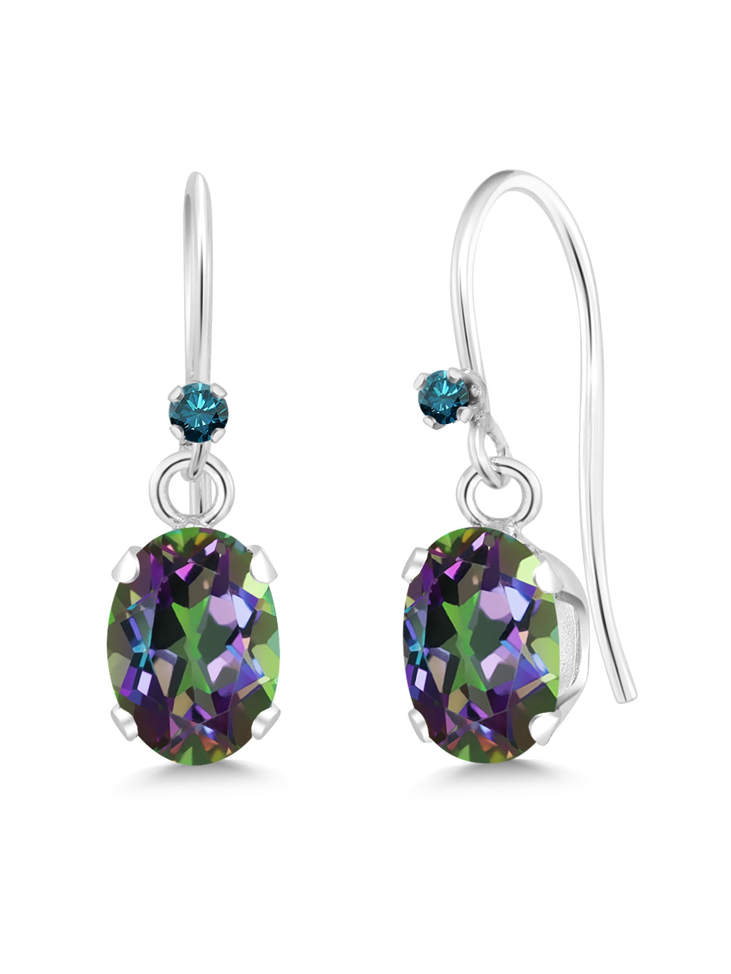 Gem Stone King 925 Sterling Silver Green Mystic Topaz and Blue Diamond French Wire Dangle Hook Earrings for Women (1.92 Cttw, Gemstone November Birthstone, Oval 7X5MM)