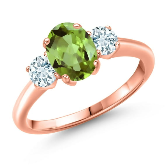 Gem Stone King 1.92 Ct Oval Green Peridot Sky Blue Aquamarine 18K Rose Gold Plated Silver Ring (Size 9)