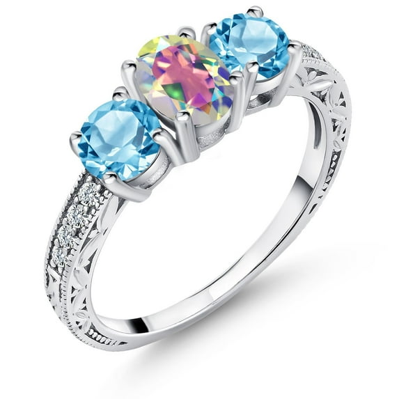 Gem Stone King 925 Sterling Silver Mercury Mist Mystic Topaz and Swiss Blue Topaz Women Ring (1.92 Ct Oval Gemstone Birthstone, Size 9)