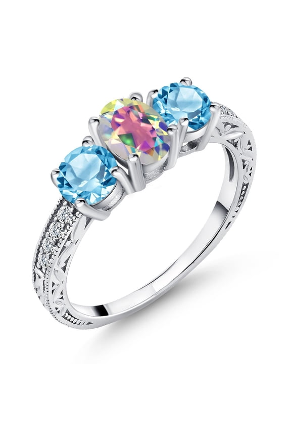 925 Sterling Silver Mercury Mist Mystic Topaz and Swiss Blue Topaz Women Ring (1.92 Ct Oval Gemstone Birthstone, Size 6)