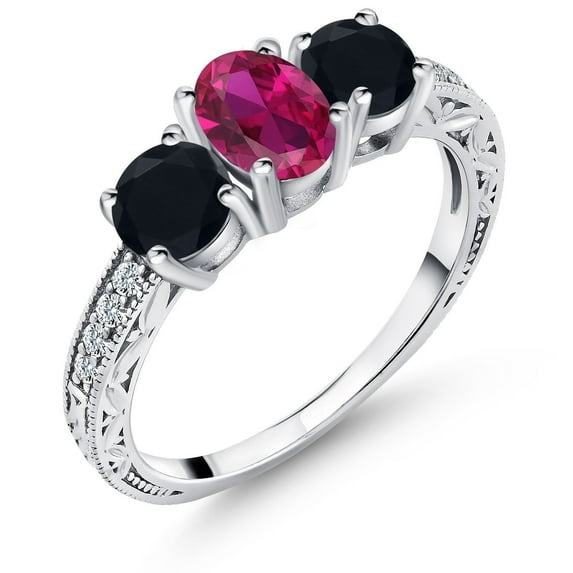 Gem Stone King 1.92 Ct Oval Red Created Ruby Black Onyx 925 Sterling Silver Ring (Size 6)
