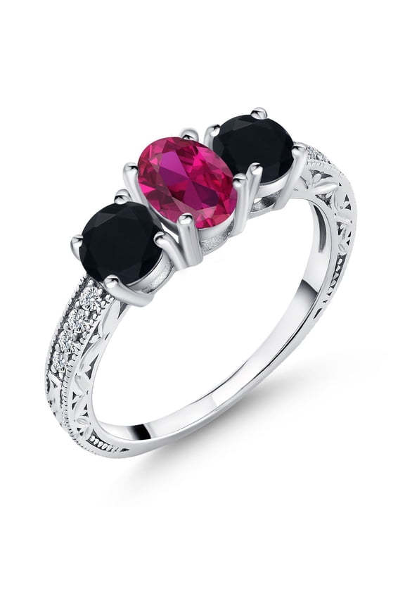 1.92 Ct Oval Red Created Ruby Black Onyx 925 Sterling Silver Ring (Size 7)