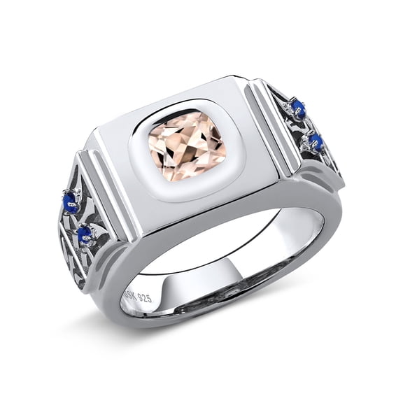 Gem Stone King 1.92 Ct Peach Morganite Blue Created Sapphire 925 Sterling Silver Men's Ring (Size 11)