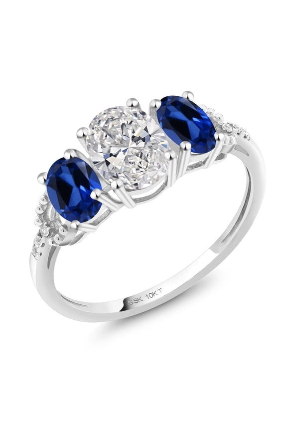1.92 Cttw 10K White Gold Lab Grown Diamond and Blue Created Sapphire 3-Stone Engagement Ring | Center Oval Diamond 0.70 Ct | DEF Color | VVS-VS Clarity |Size 6