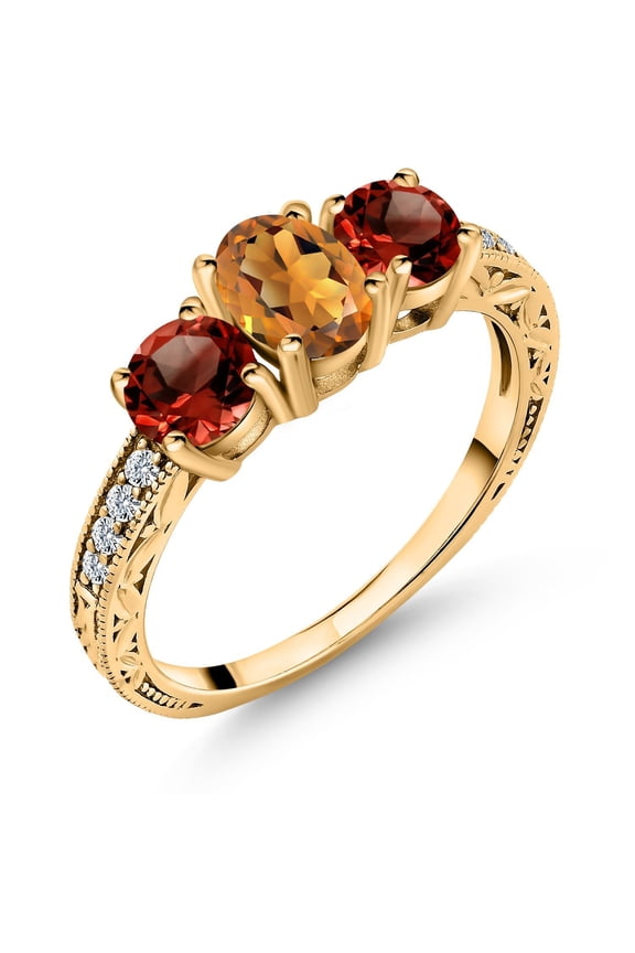 1.92 Cttw Orange Red Madeira Citrine and Red Garnet 18K Yellow Gold Plated Silver Ring for Women | Oval 7X5MM and Round 5MM| Size 5