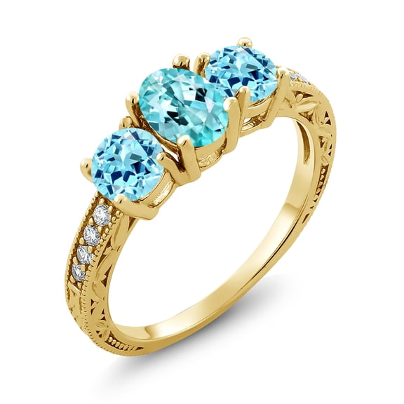 Gem Stone King 1.93 Ct Oval Blue Apatite 18K Yellow Gold Plated Silver Moissanite Ring (Size 6)