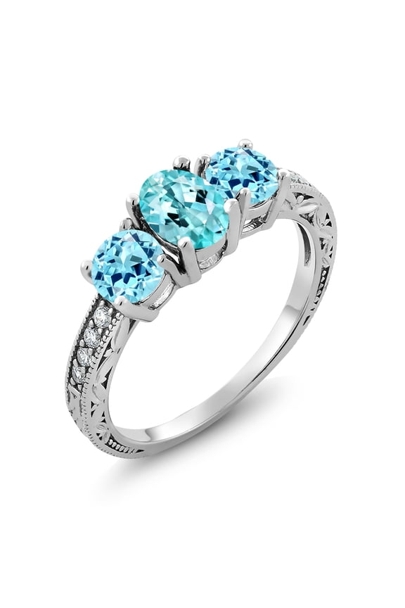 1.93 Cttw Oval Blue Apatite 925 Sterling Silver Moissanite Ring | Three Stone Wedding Engagement Anniversary Promise Ring for Women | Size 9