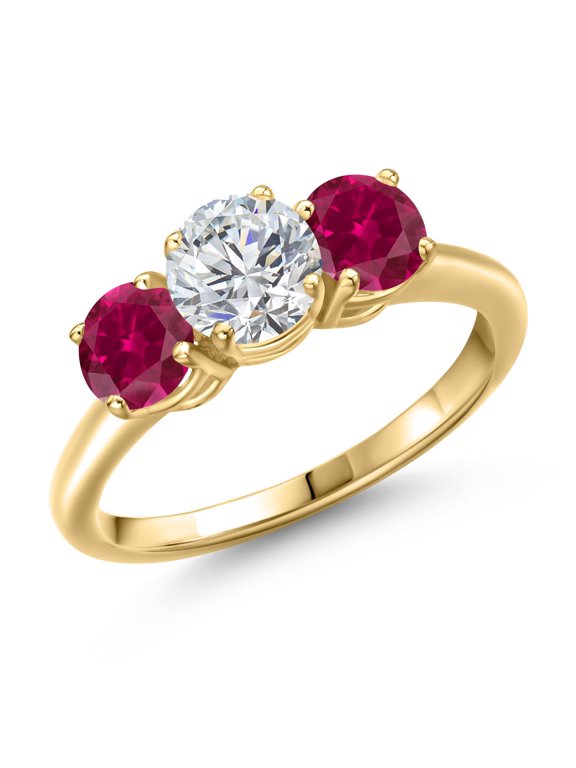 18K Yellow Gold Plated Silver Lab Grown Diamond and Red Created Ruby Engagement Ring for Women | 1.94 Cttw | Round 6MM | Gemstone April Birthstone | Size 5