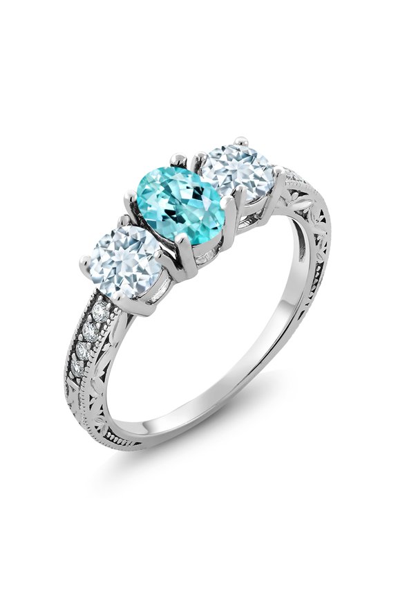 1.94 Ct Oval Blue Apatite Sky Blue Aquamarine 925 Sterling Silver Moissanite Ring (Size 7)