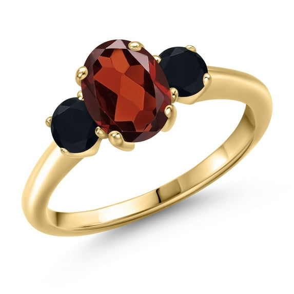 Gem Stone King 1.94 Ct Oval Red Garnet Black Onyx 18K Yellow Gold Plated Silver Ring