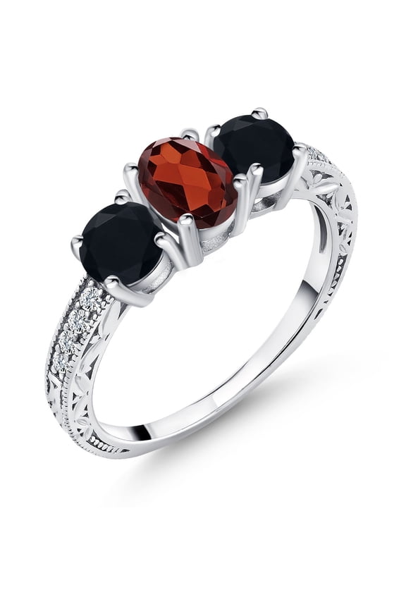 1.94 Ct Oval Red Garnet Black Onyx 925 Sterling Silver Ring (Size 8)