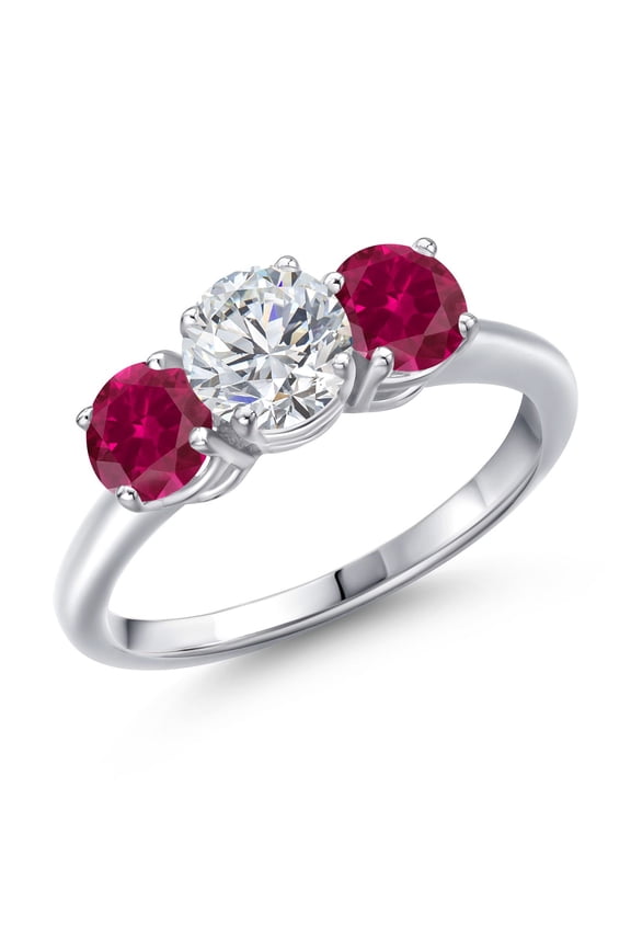 925 Sterling Silver Lab Grown Diamond and Red Created Ruby Engagement Ring for Women | 1.94 Cttw | Round 6MM | Gemstone April Birthstone | Size 7